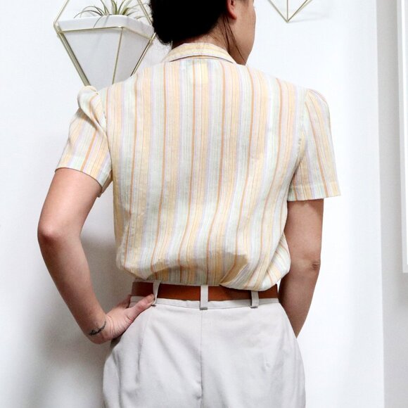 70s Yellow Pastel Rainbow Striped Overcoat w/ Short Sleeve & Slim Collar, Gauzy - Picture 5 of 10
